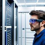 **

A "frigoriste" wearing augmented reality glasses, superimposed with technical schematics of a complex refrigeration system. He is working on a modern, energy-efficient cooling unit in a brightly lit, clean data center. Focus on the futuristic and high-tech aspects of the job. The overall tone should be optimistic and showcase the innovative technologies used in the field. Include subtle branding of a fictional French company specializing in advanced refrigeration solutions.

**