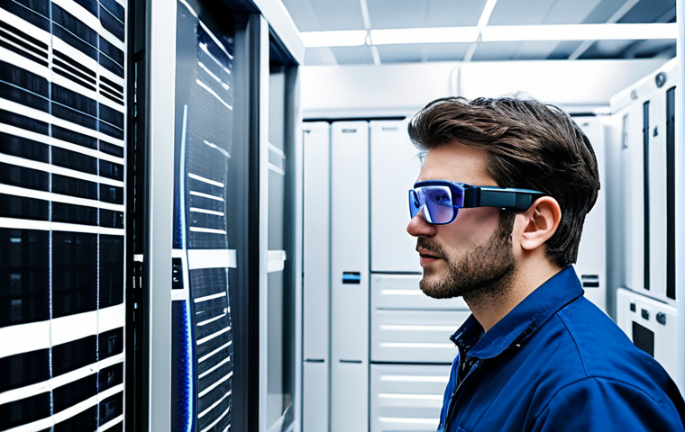 **
A "frigoriste" wearing augmented reality glasses, superimposed with technical schematics of a complex refrigeration system. He is working on a modern, energy-efficient cooling unit in a brightly lit, clean data center. Focus on the futuristic and high-tech aspects of the job. The overall tone should be optimistic and showcase the innovative technologies used in the field. Include subtle branding of a fictional French company specializing in advanced refrigeration solutions.
**