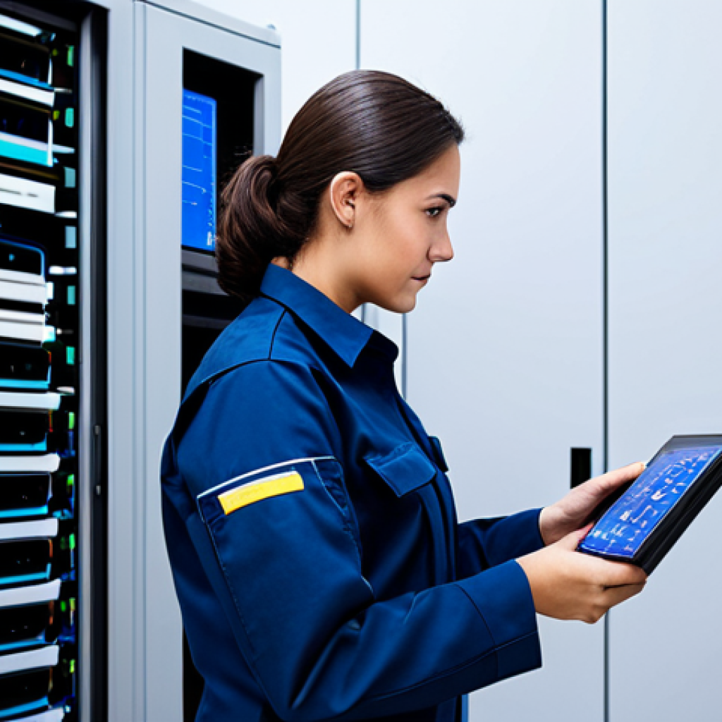 A professional female HVAC technician in a modest, dark blue uniform, fully clothed, meticulously performing diagnostics on a complex, modern air handling unit. She is focused on a large digital touchscreen interface, displaying real-time energy consumption data. The environment is a clean, well-organized server room or a high-tech data center, with visible sleek piping and wiring. The scene conveys advanced technical expertise and precision. safe for work, appropriate content, fully clothed, professional dress, perfect anatomy, correct proportions, natural pose, well-formed hands, proper finger count, natural body proportions, professional photography, high quality, realistic.