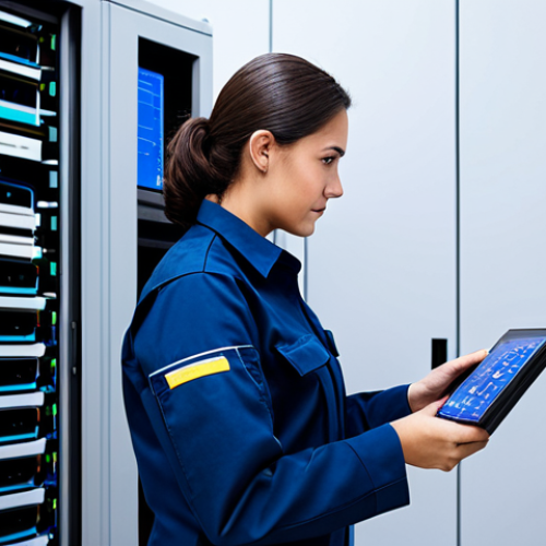 Home 6 A professional female HVAC technician in a modest, dark blue uniform, fully clothed, meticulously performing diagnostics on a complex, modern air handling unit. She is focused on a large digital touchscreen interface, displaying real-time energy consumption data. The environment is a clean, well-organized server room or a high-tech data center, with visible sleek piping and wiring. The scene conveys advanced technical expertise and precision. safe for work, appropriate content, fully clothed, professional dress, perfect anatomy, correct proportions, natural pose, well-formed hands, proper finger count, natural body proportions, professional photography, high quality, realistic.