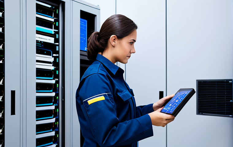 A professional female HVAC technician in a modest, dark blue uniform, fully clothed, meticulously performing diagnostics on a complex, modern air handling unit. She is focused on a large digital touchscreen interface, displaying real-time energy consumption data. The environment is a clean, well-organized server room or a high-tech data center, with visible sleek piping and wiring. The scene conveys advanced technical expertise and precision. safe for work, appropriate content, fully clothed, professional dress, perfect anatomy, correct proportions, natural pose, well-formed hands, proper finger count, natural body proportions, professional photography, high quality, realistic.