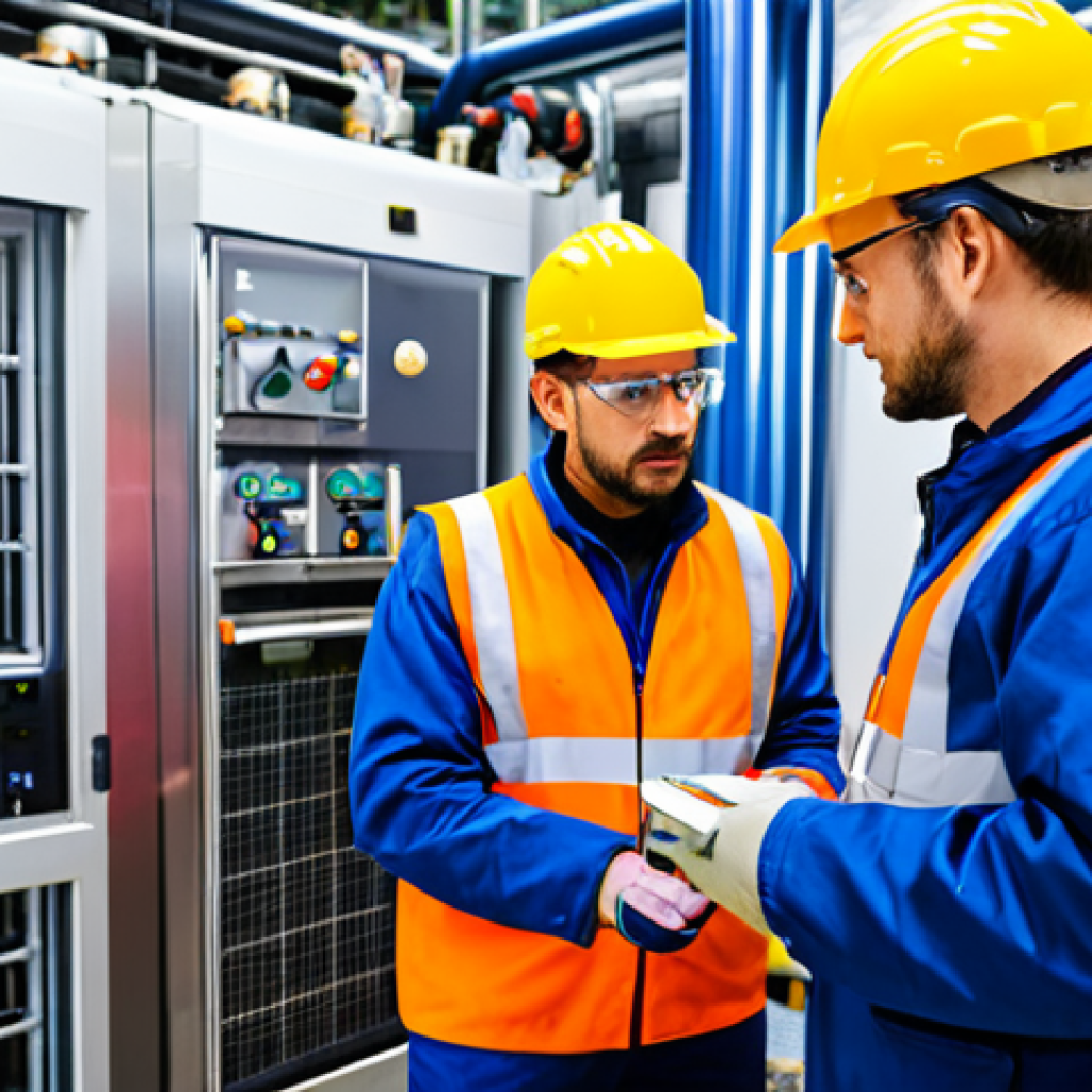 **

"A team of engineers in a brightly lit industrial refrigeration plant, fully clothed in appropriate safety gear, inspecting equipment. Focus on preventative maintenance and safety protocols. Background includes complex machinery and detailed schematics. Safe for work, appropriate content, professional, perfect anatomy, correct proportions, natural pose, high quality."

**