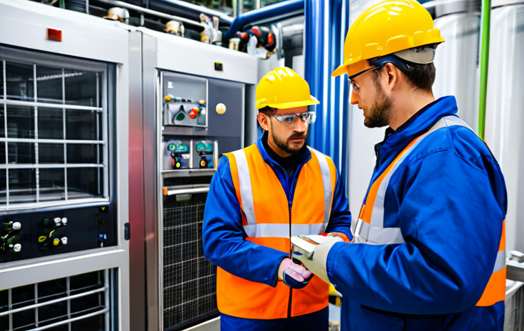 **
"A team of engineers in a brightly lit industrial refrigeration plant, fully clothed in appropriate safety gear, inspecting equipment. Focus on preventative maintenance and safety protocols. Background includes complex machinery and detailed schematics. Safe for work, appropriate content, professional, perfect anatomy, correct proportions, natural pose, high quality."
**