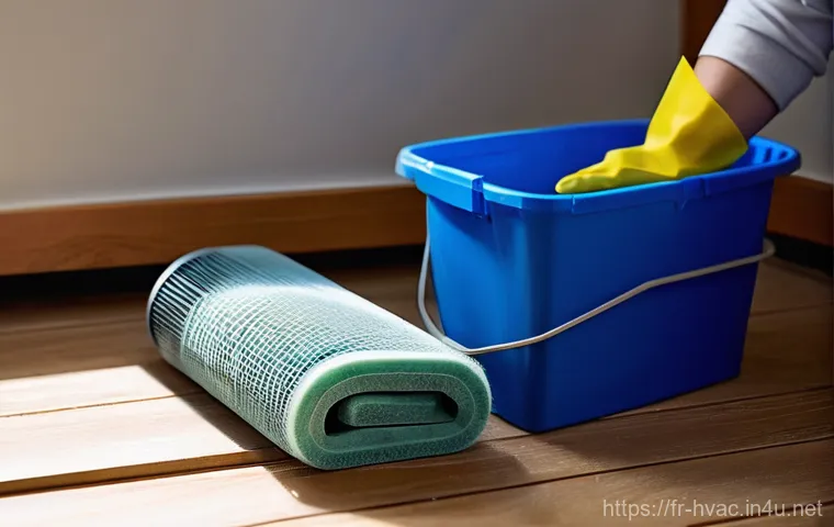 공조냉동기계 실무 사례 공유 - **Prompt 1: Diligent Homeowner Cleaning AC Filter**
    "A bright, naturally lit modern living room ...