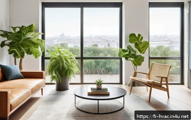 공조냉동기계 설계와 시공의 차이 - A modern residential living room with a sleek, wall-mounted air conditioning unit quietly operating,...