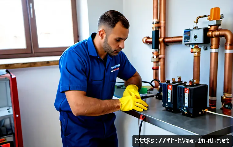 Home 17 공조냉동기계기사 실기시험 준비 노하우 - Photorealistic French HVAC technician preparing for a practical refrigeration certification exam in ...
