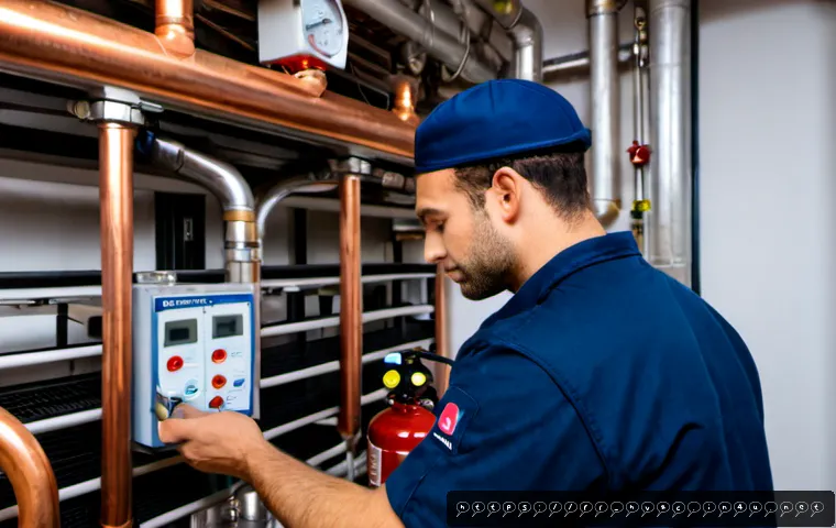 공조냉동기계 기술자와 화재 예방 기술 - Photorealistic French HVAC and refrigeration technician in clean navy workwear inspecting a commerci...