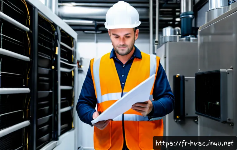 공조냉동기계기사의 프로젝트 관리 경험 - Photorealistic French HVAC project manager in a clean commercial mechanical room, wearing a hard hat...